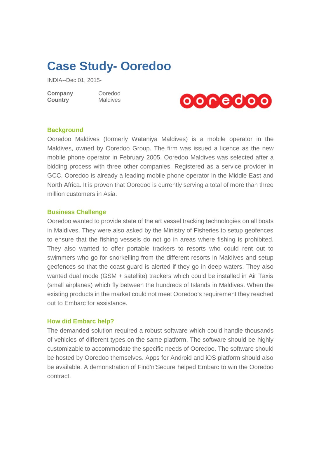 Ooredoo Maldives case study, December 2015.